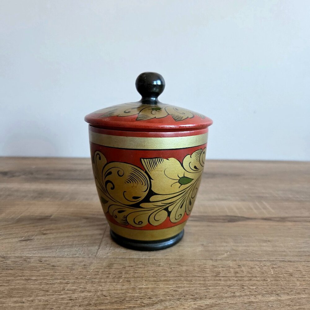 Vintage Russian traditional Khokhloma hand painted wooden lidded container. USSR